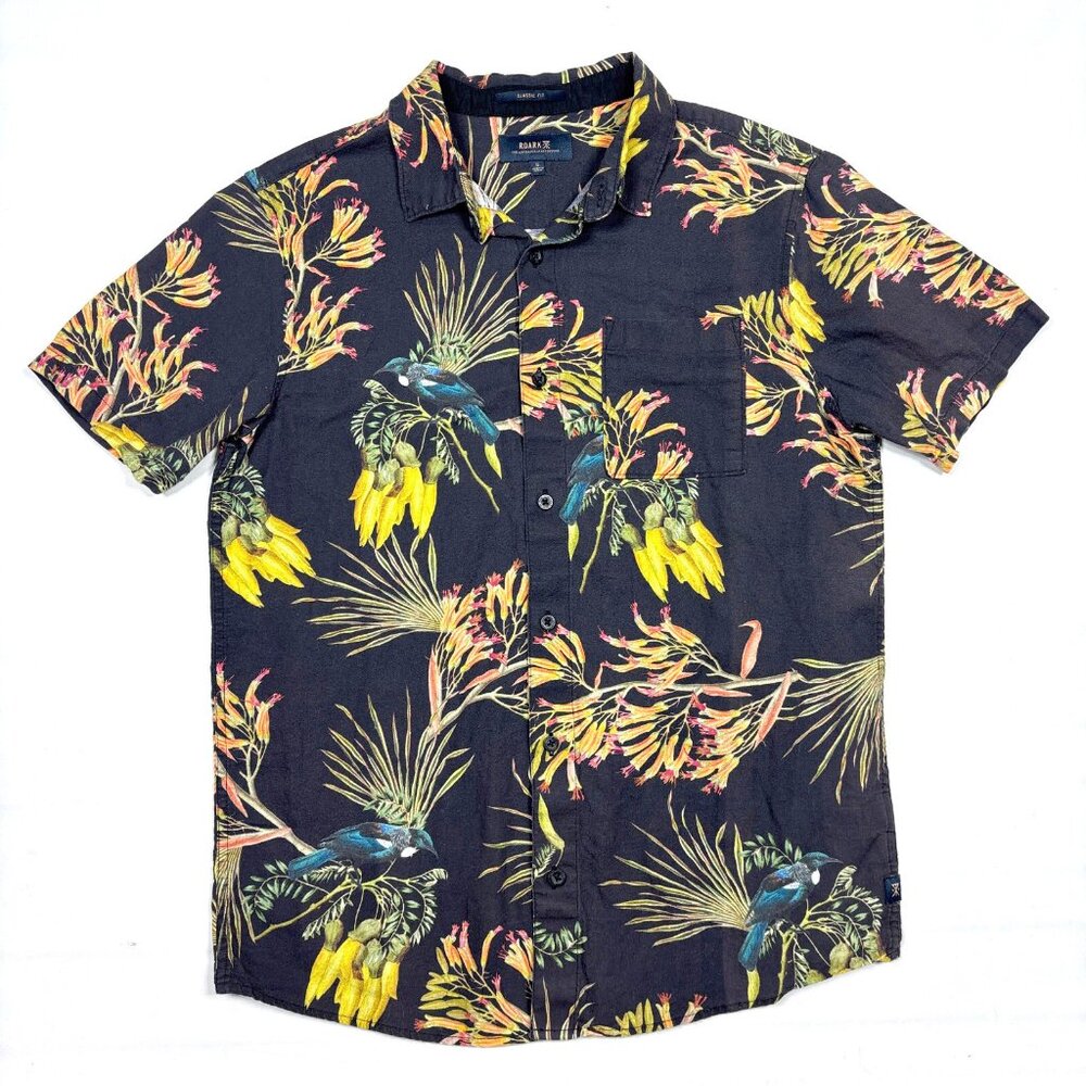 Roark Journey Tui Floral Black Organic Cotton Linen Hawaiian Shirt Mens Small